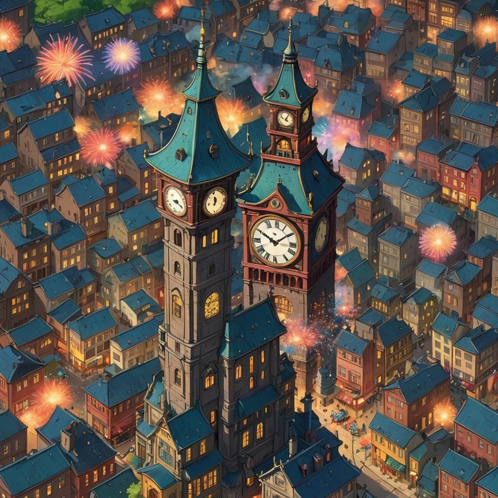 Clock Tower Fireworks in Sunny Ghibli Town