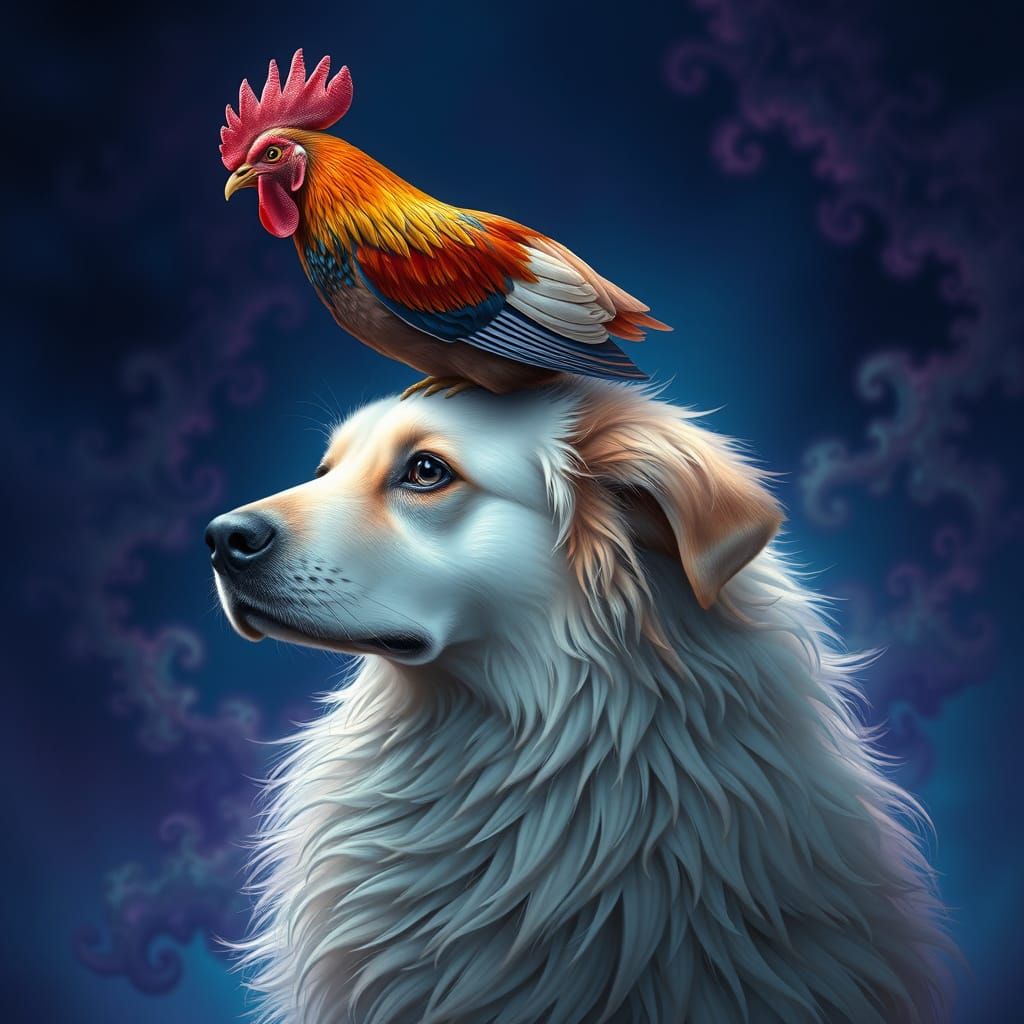 Majestic Dog Wears Regal Chicken Crown in Mystical Landscape