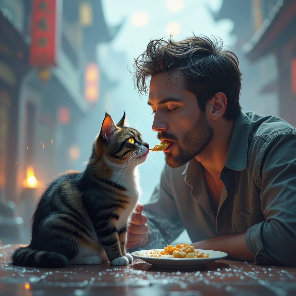 Surreal Man Eating Cat in Hyperrealistic and Painterly Style