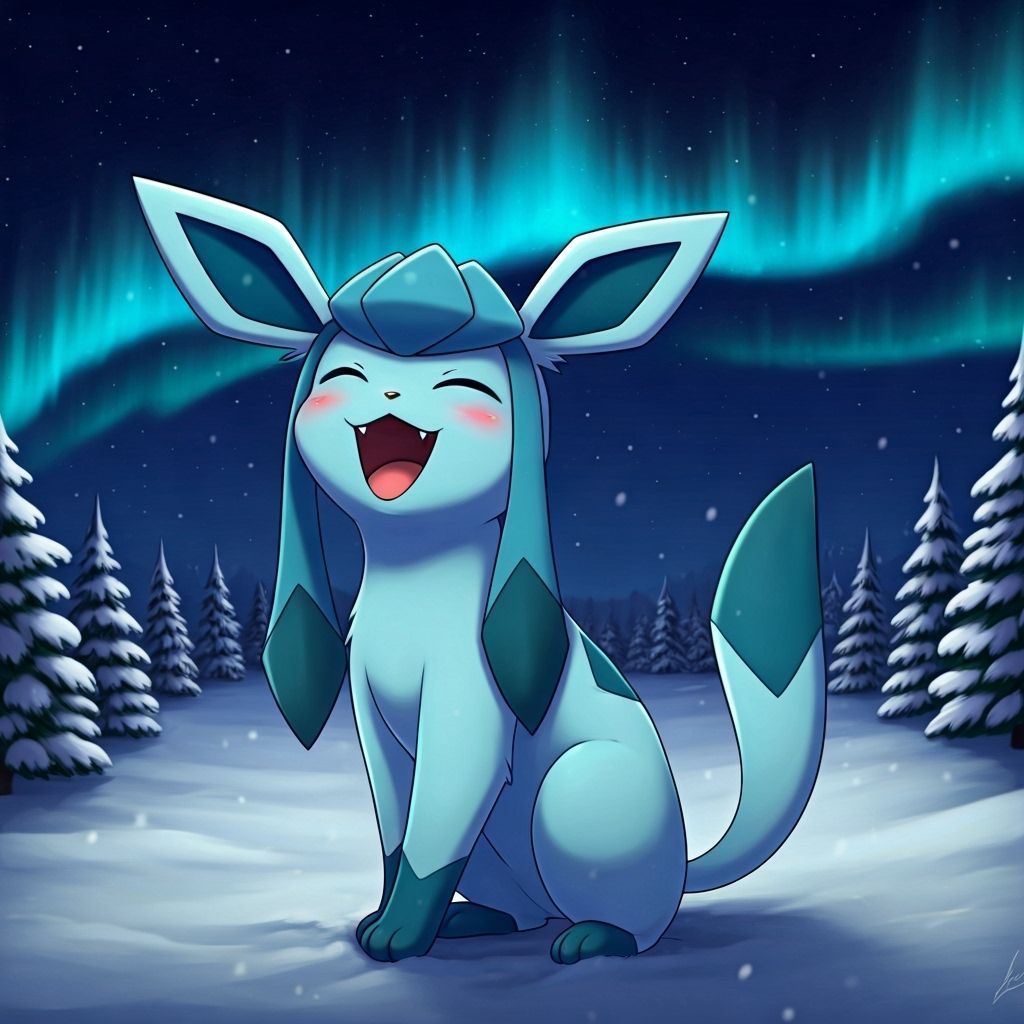 Adorable Chibi Glaceon Howling Under Northern Lights