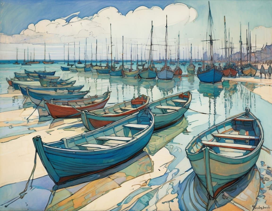 Blue Boats on Glassy Sea: Vibrant Impressionistic Sketch