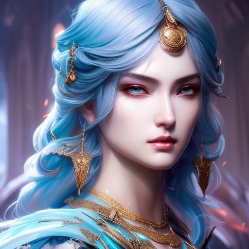 Beautiful Lady in Blue Fantasy Dress, Hyperdetailed Portrait