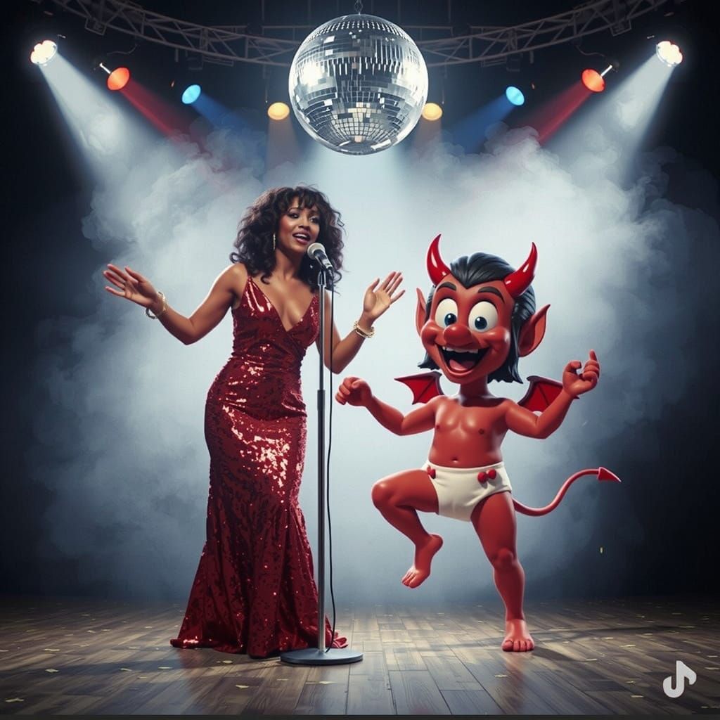 Disco Singer and Cartoon Devil in Vivid Detail