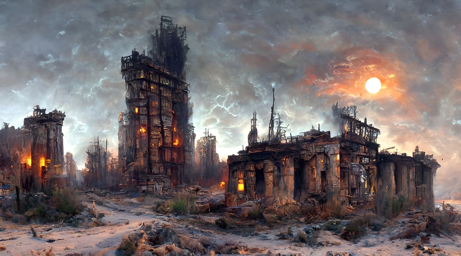 Fiery Post-Apocalyptic Cityscape at Night