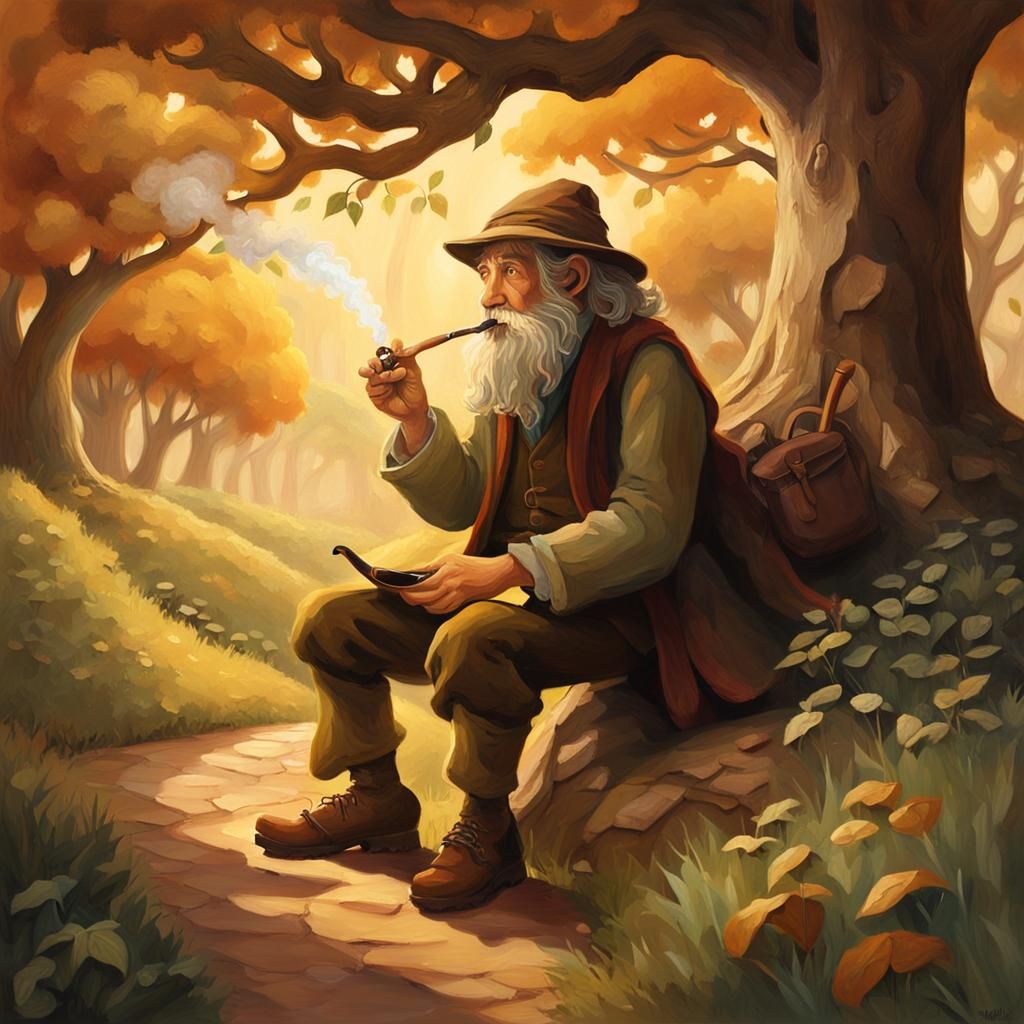 Hobbit Smoking Pipe in Shire Oil Painting