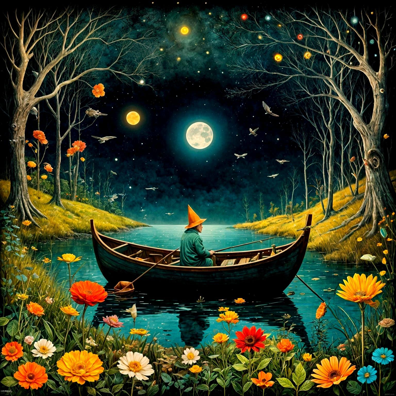 Moody Night Fishing Scene in Folk Art Style