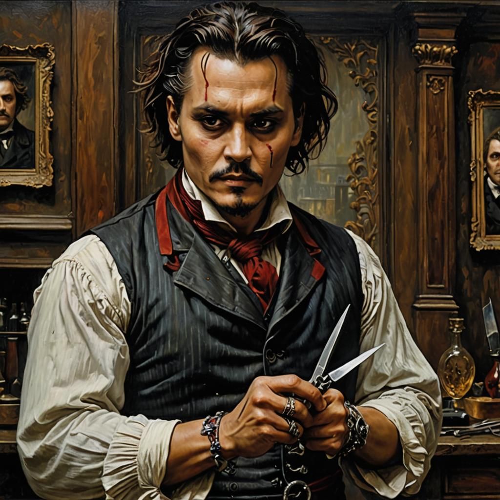 (((Johnny Depp as Sweeney Todd))) (((holding scissors))) Victorian London, macabre hyperdetailed Oil Painting, Waterhous...