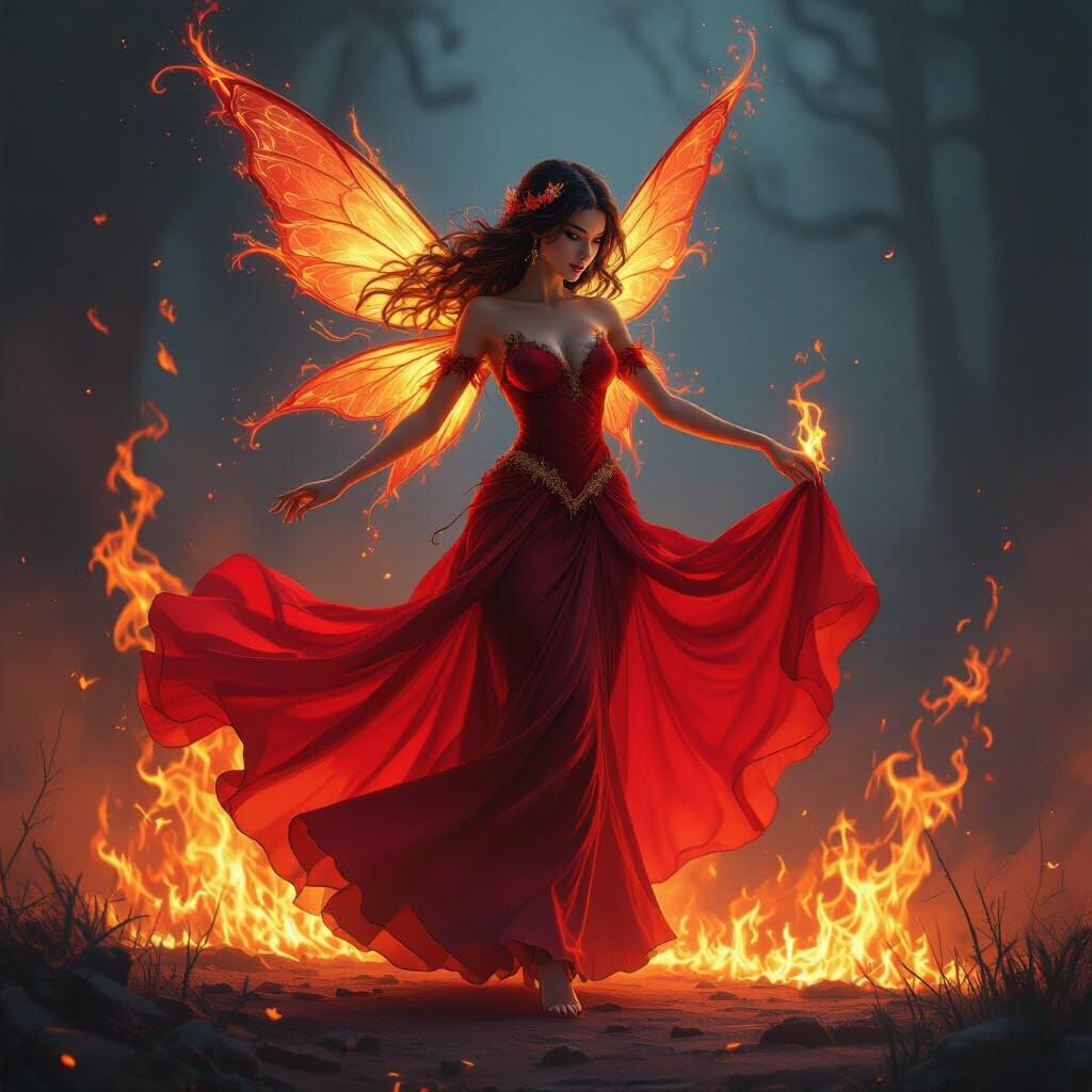 Fiery Fairy Dancing in Scarlet Gown Amidst Ethereal Flames