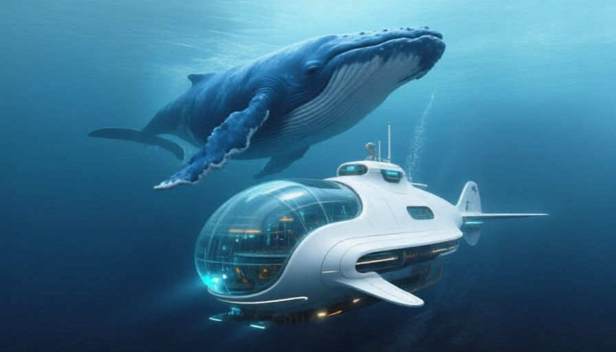 Blue Whale and Futuristic Submarine in Hyperrealistic Style