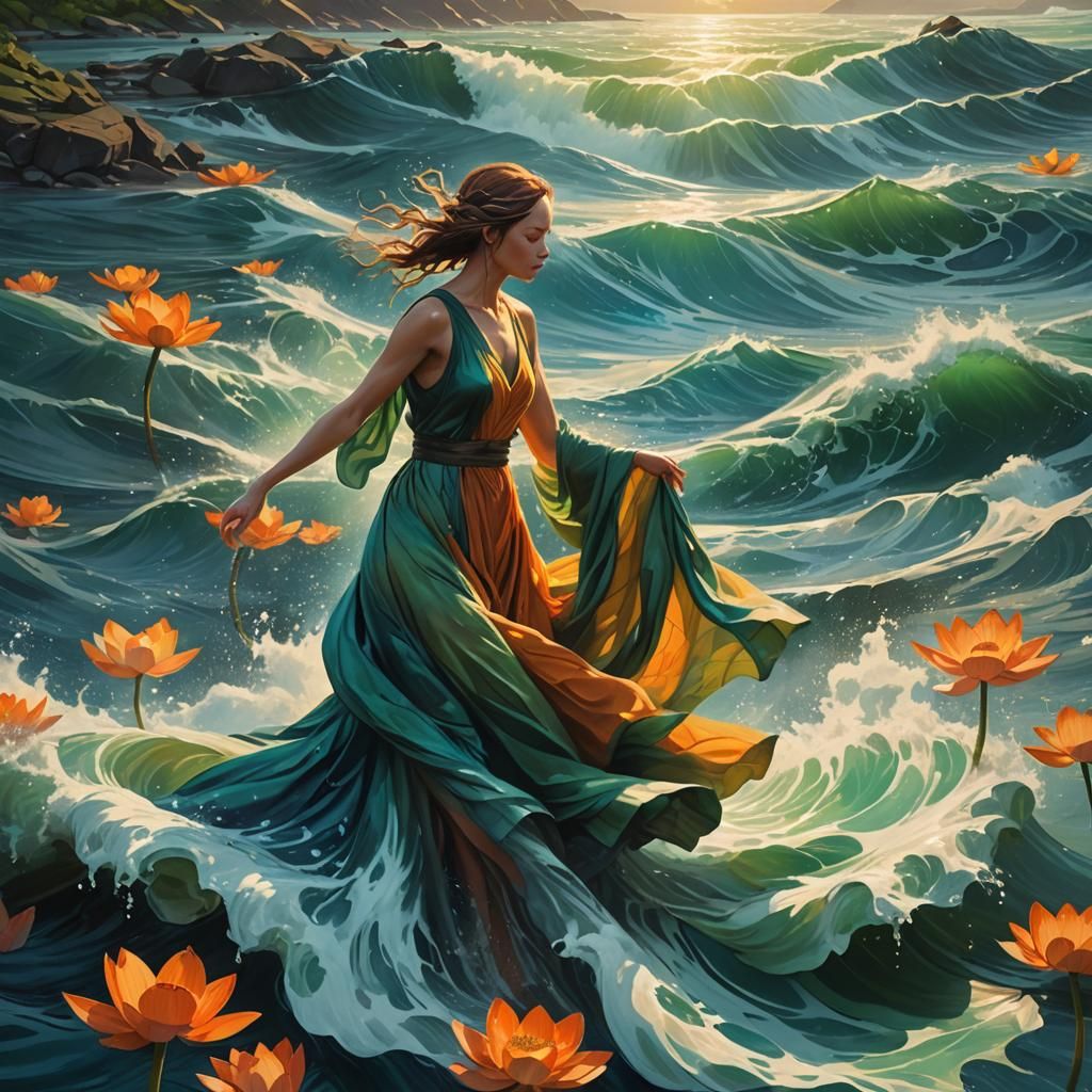 Mystical Woman Emerges from Water in Hyperrealistic Style