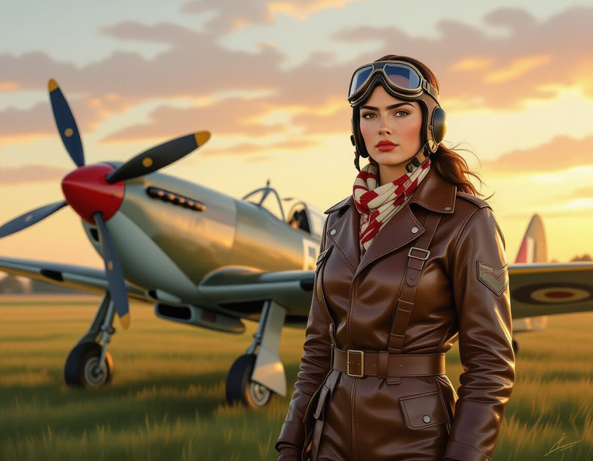 Heroic Aviator Beside Spitfire at Sunrise