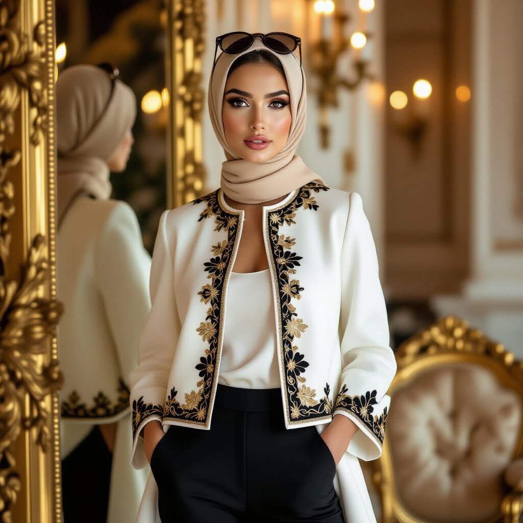 Elegant Woman in Embroidered Manteau Poses Near Golden Mirro...