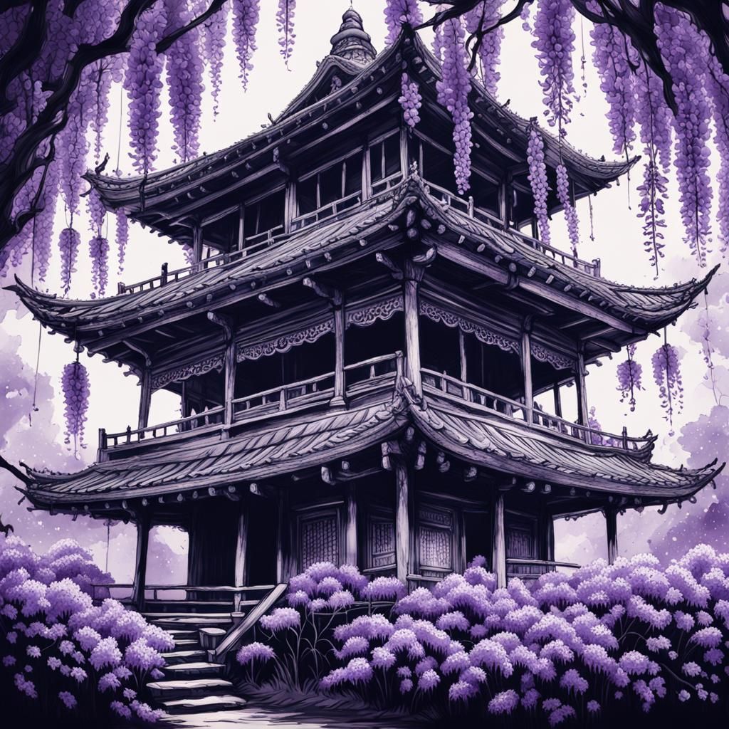 Pagoda and Wisteria Ink Drawing