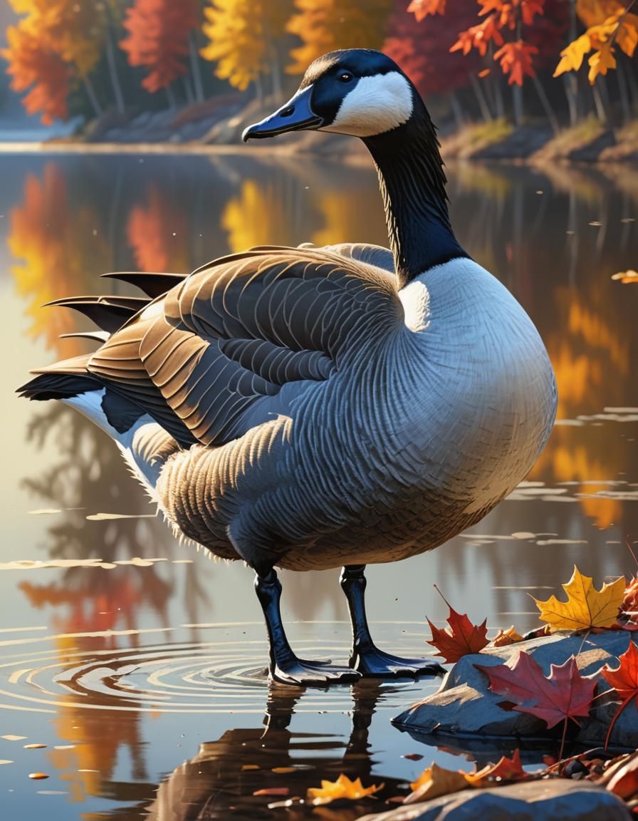 Canadian Goose Autumn Lake: Hyperrealistic Splash Art