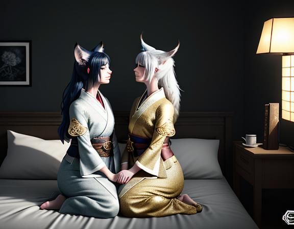Two Female Kitsune Kissing in Manga Style