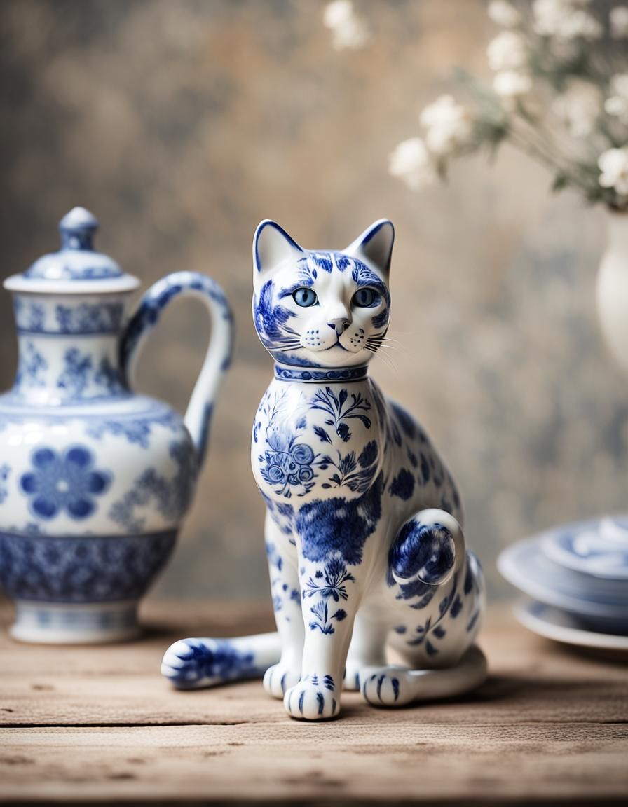 Delft blue and white ceramic cat