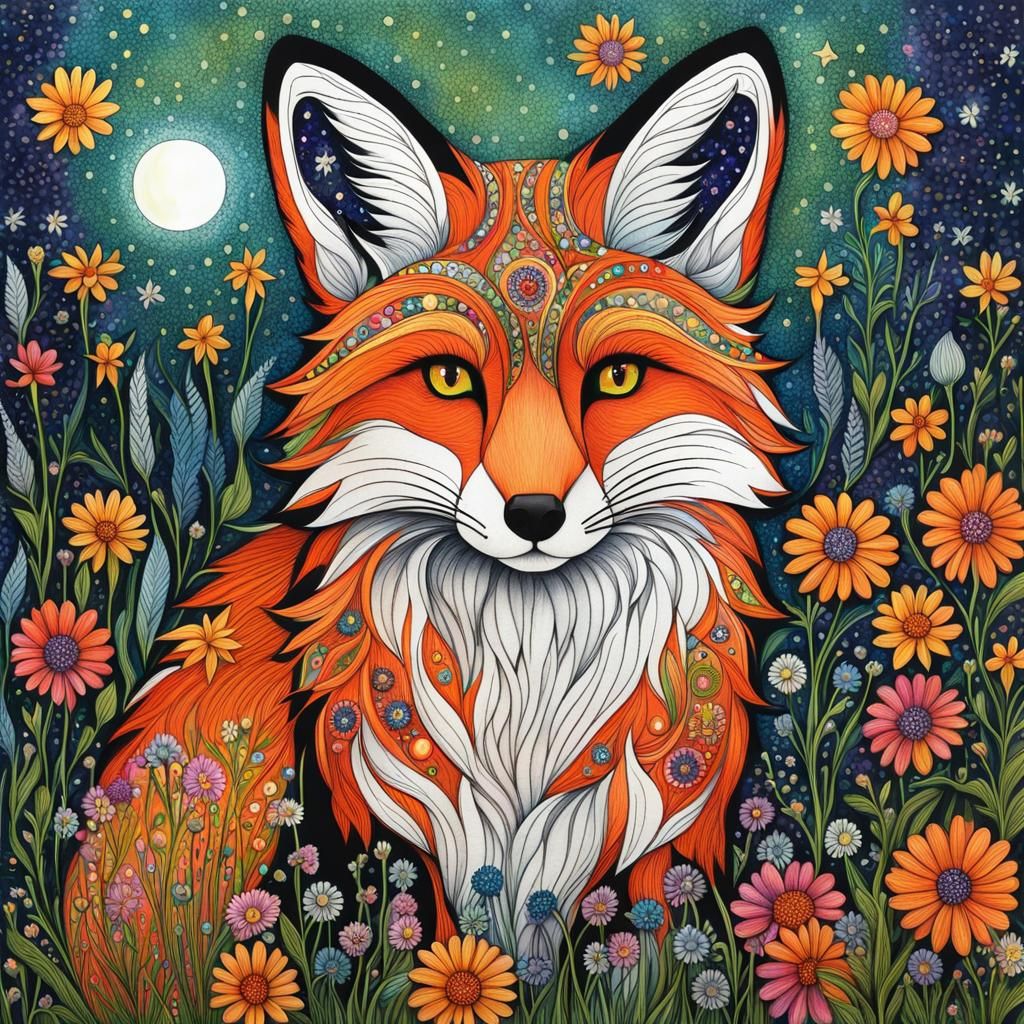 Zentangle Fox in a Glittering Moonlit Meadow