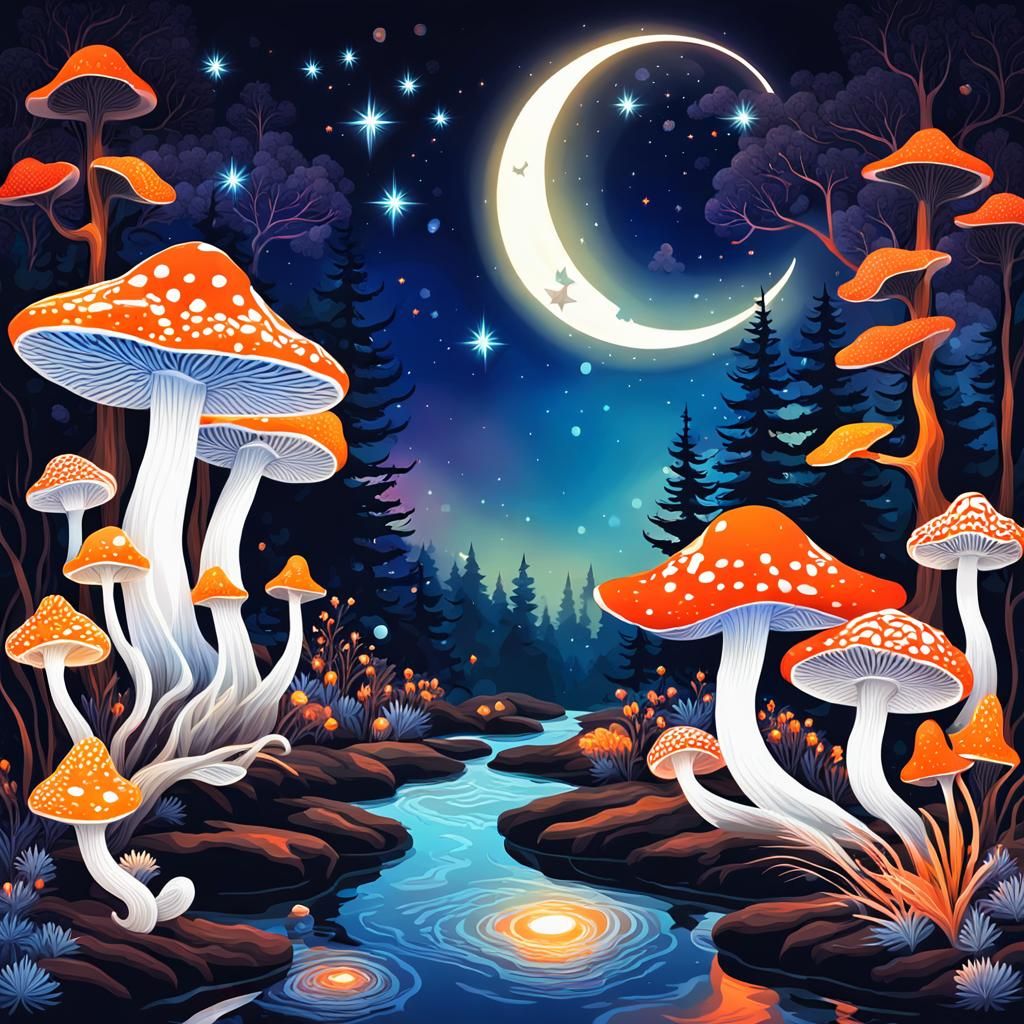 Glowing Mushrooms in Colorful Fantasy Forest