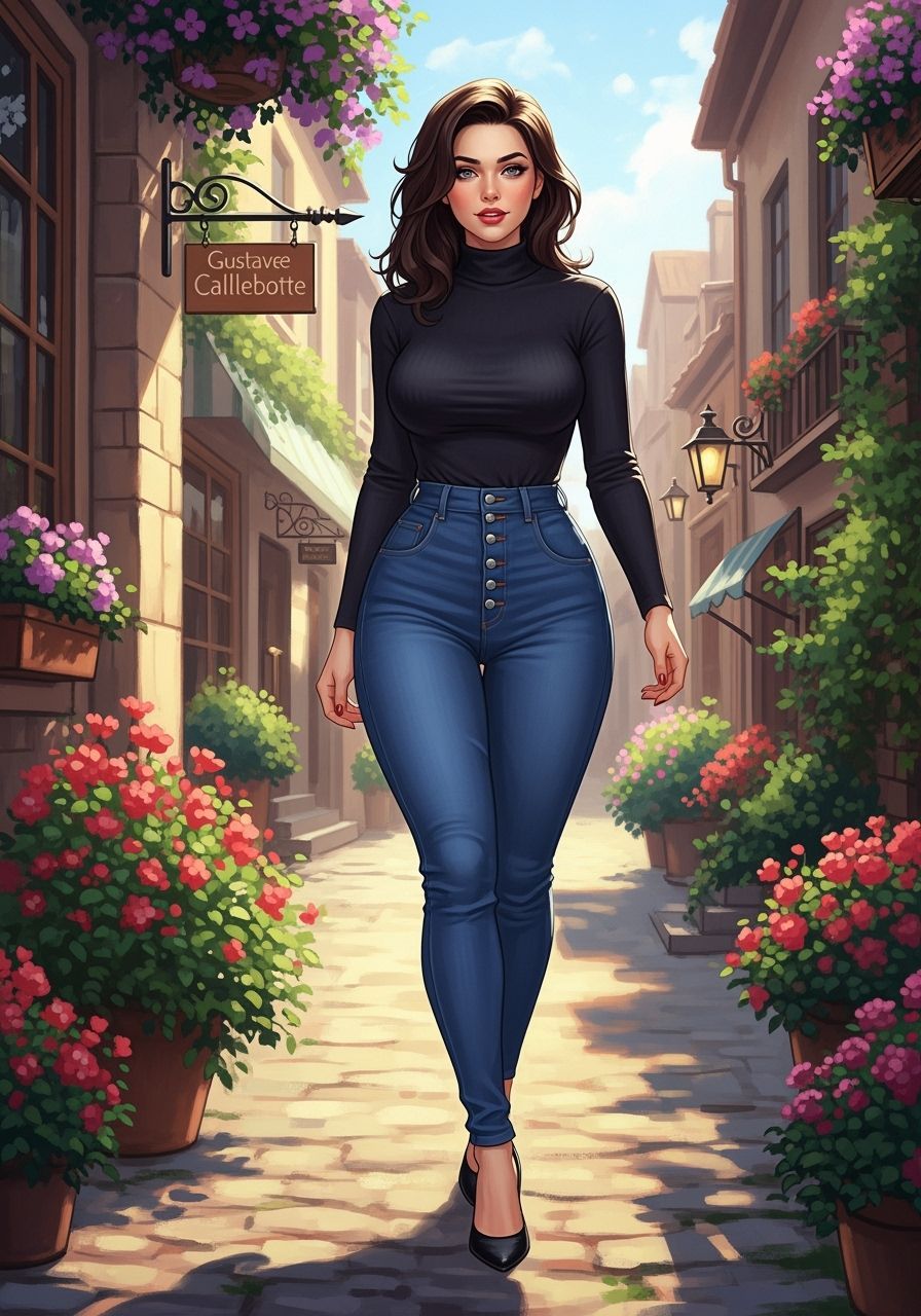 Woman Walking Through Floral City, Impressionist Style