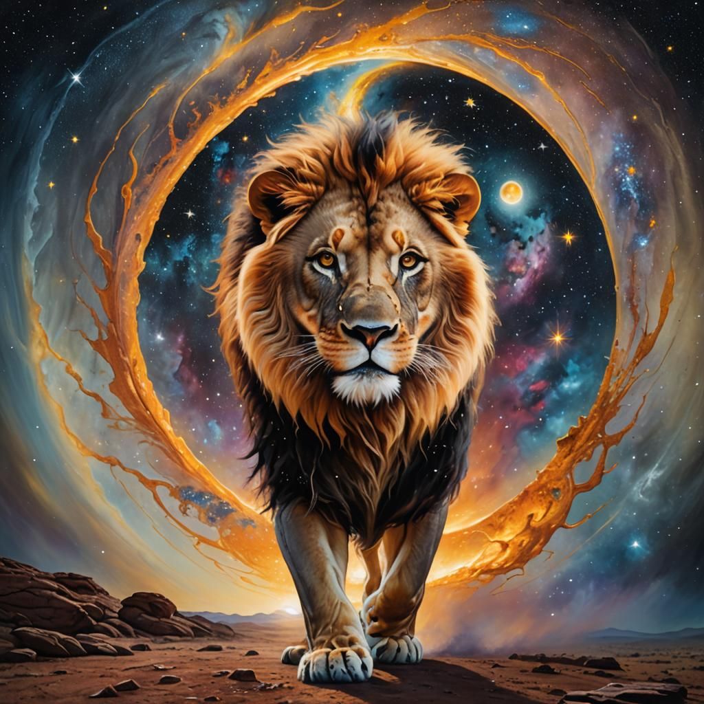 A lion walking through portal, sun and moon, Astro photography, acrylic pour,  Lisa Holloway