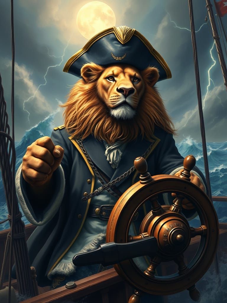 Lion Captain at Stormy Helm, Maritime Art Style
