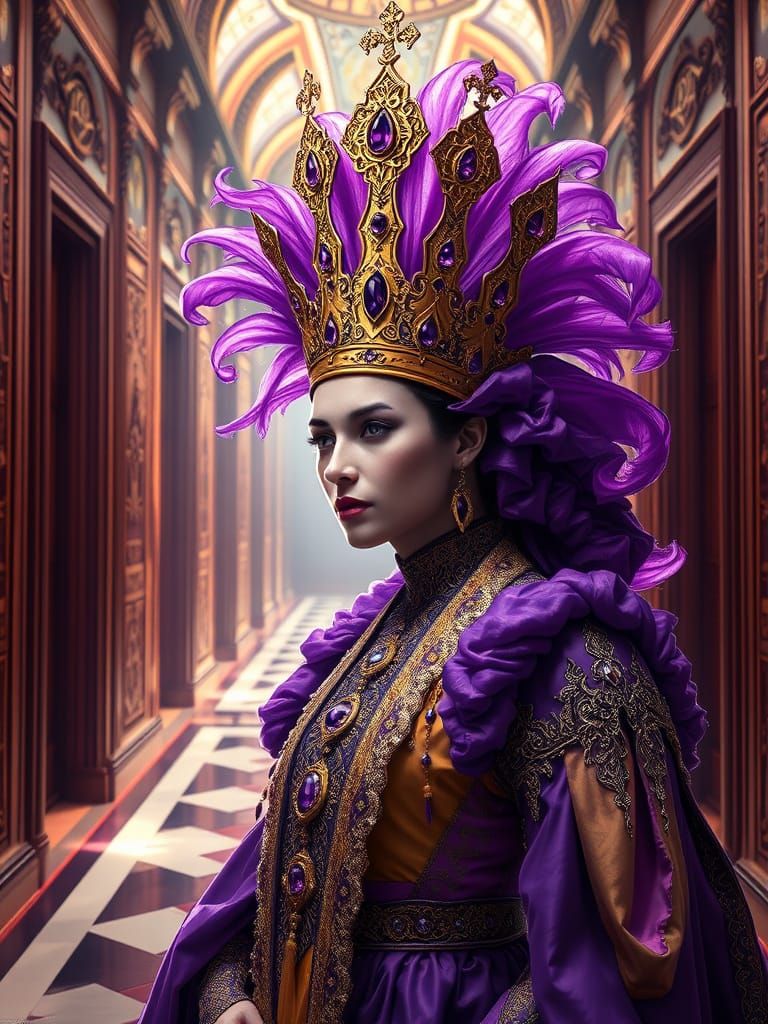 Magnificent Queen in Purple Baroque Palace Hallway