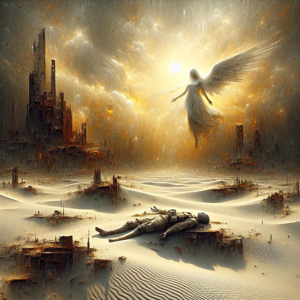 A Solar Angel Prays Beside a Fallen Child-Soldier in a Desol...