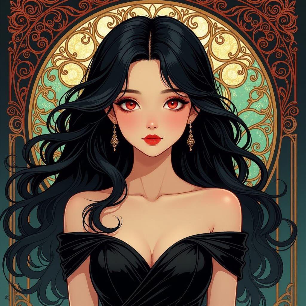 Flowy Black Hair Girl with Ruby Eyes in Mystical Style