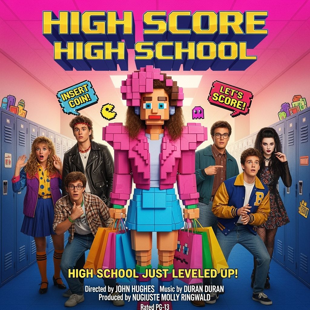 80s Teen Movie Poster with 8-bit Pixelated Girl