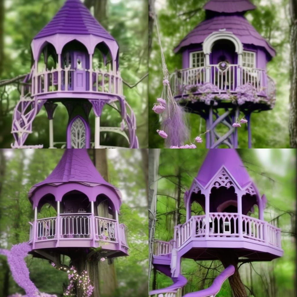 Legendary dreamy gothic purple treehouse with purple blossoms in the tree& magical vibes& gothic vibes& ethereal vibes& ...