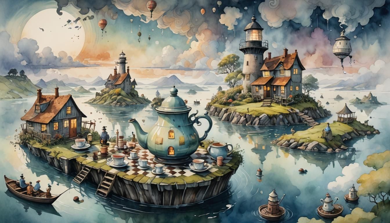 Fantastical Tea Party in Floating Teapot: Surreal Illustrati...