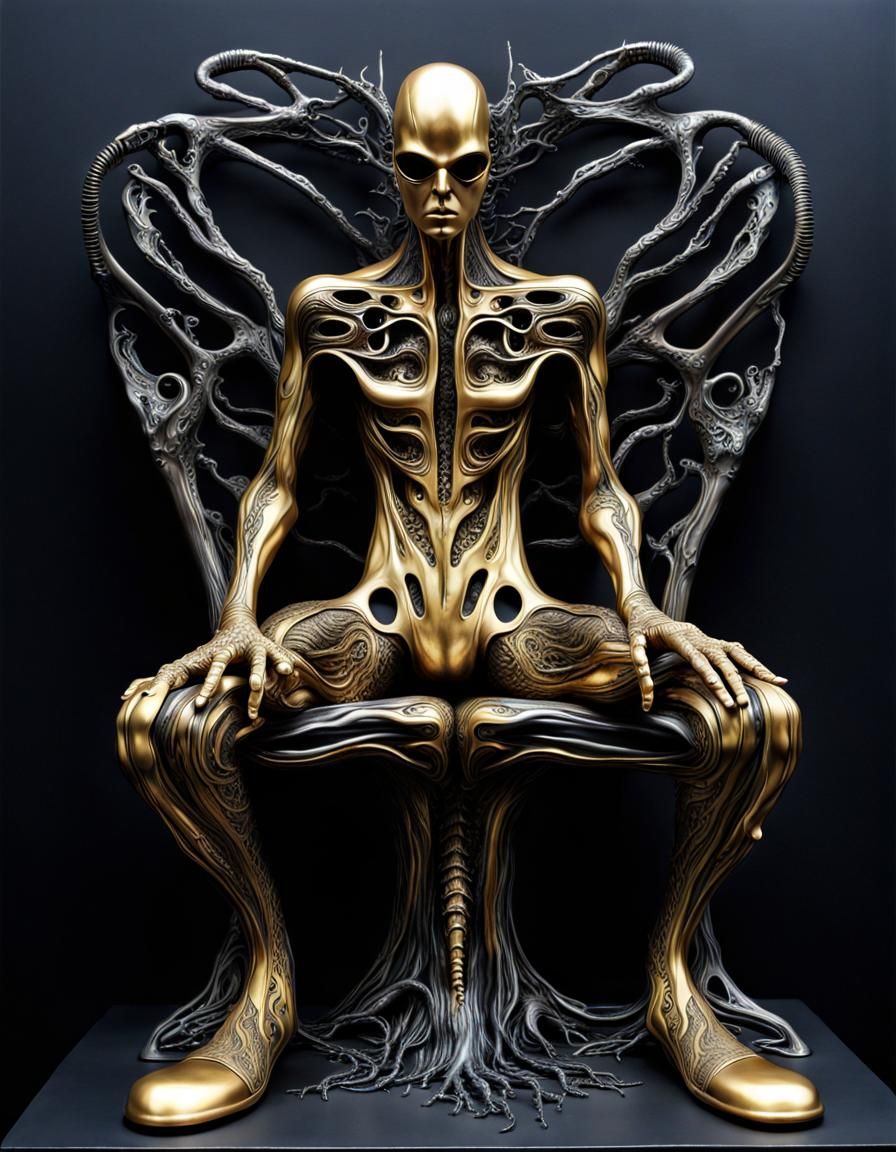 Titanium Gold Surrealist Sculpture by H.R. Giger