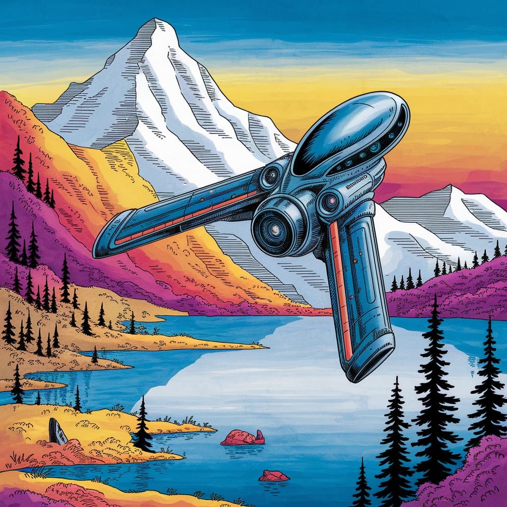 Ethereal Starship Sails Over Serene Mountain Lake