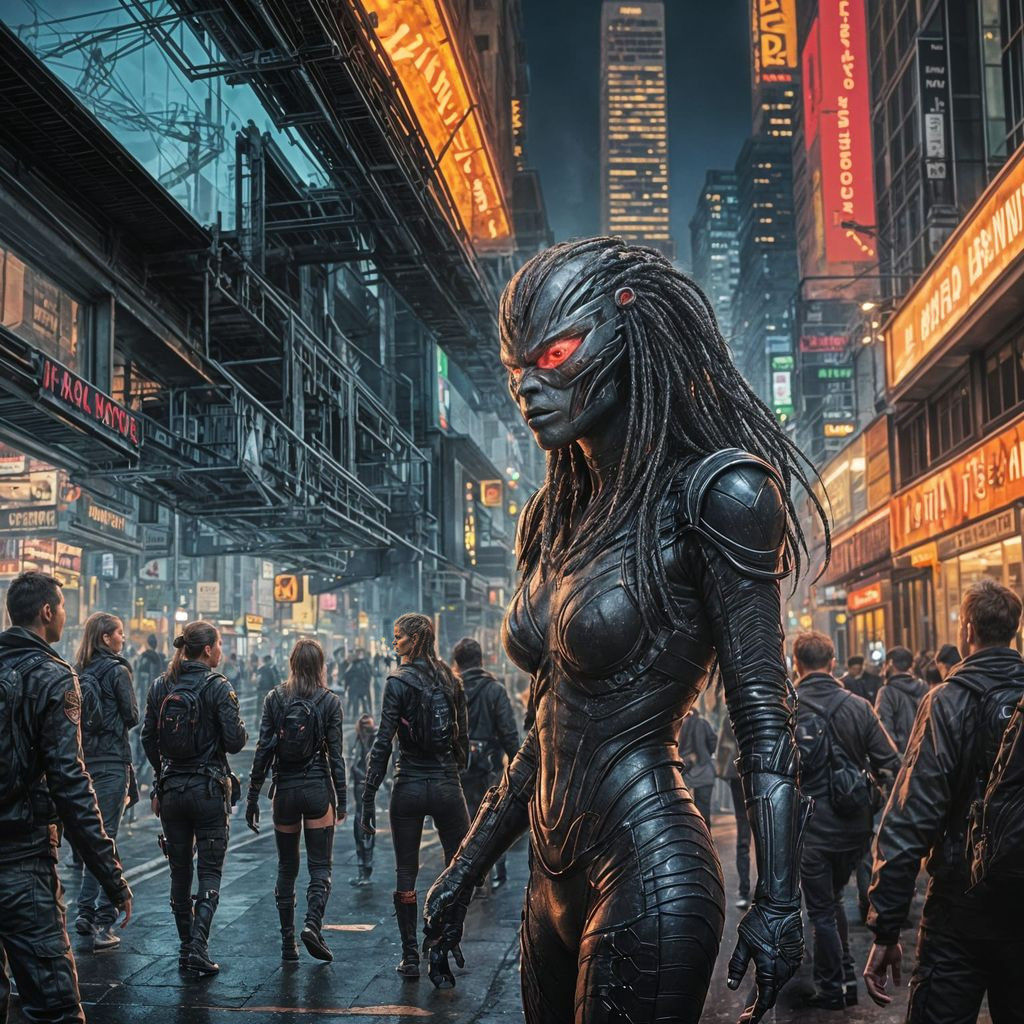 Cyberpunk Female Avenger Patrols City Streets