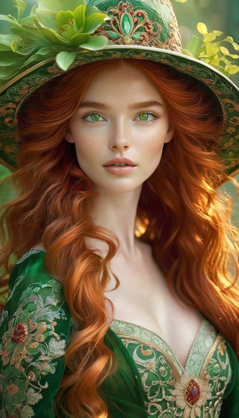 Redheaded Lady in Whimsical Fantasy Scene
