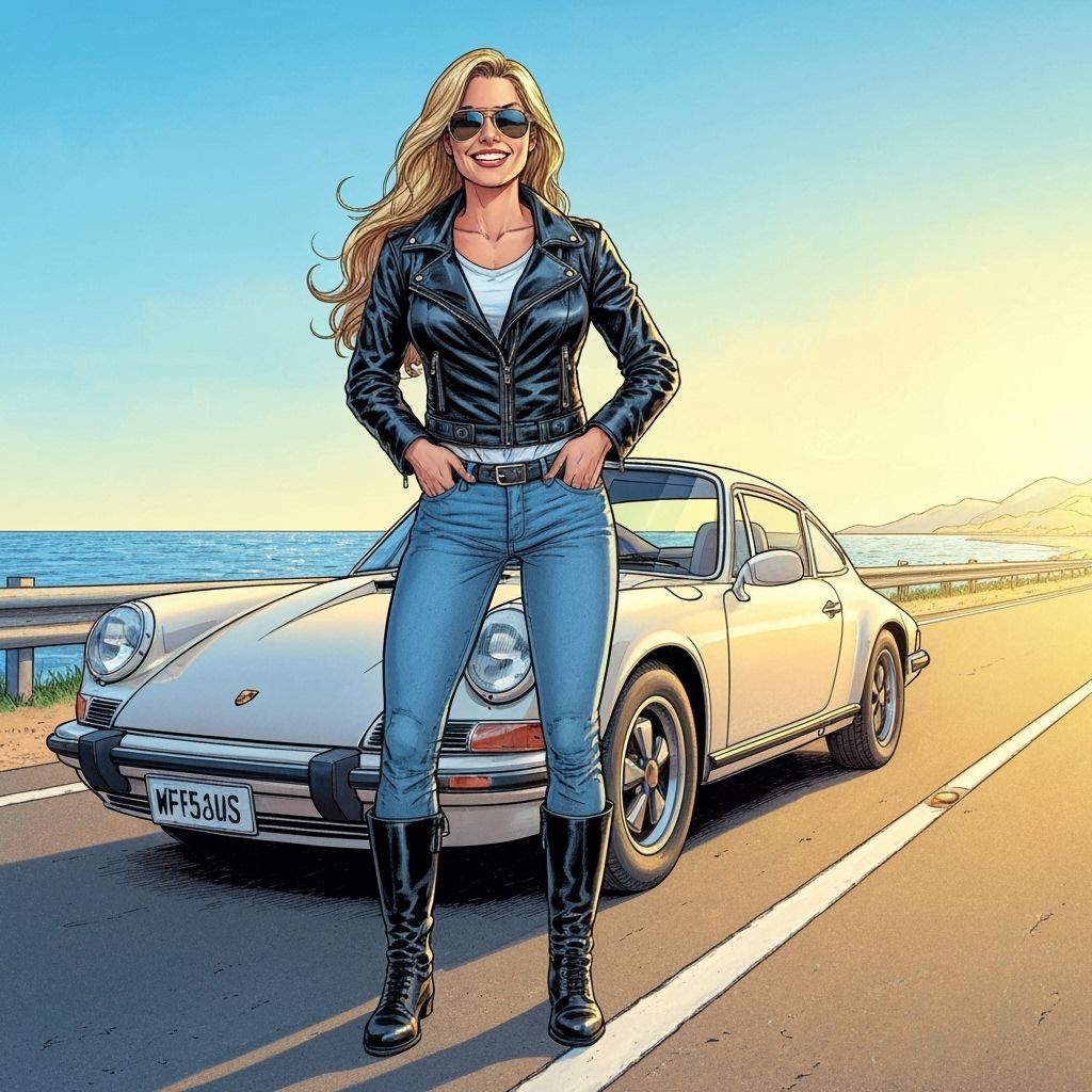 Blonde Woman and Porsche 911 in Comic Art Style