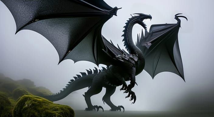 Fierce Black Dragon in Fog: Cell-Shaded Masterpiece