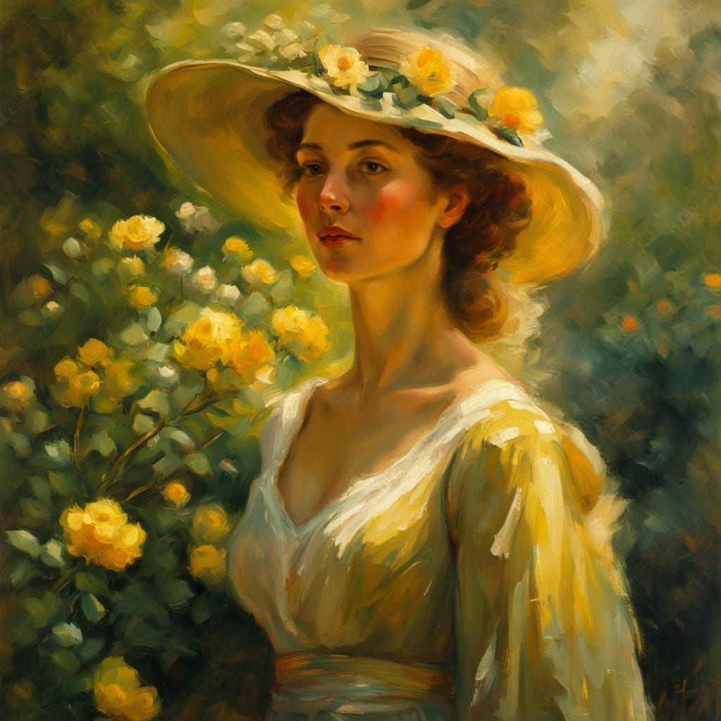 Woman in Summer Garden: A Rembrandt-Style Oil Painting