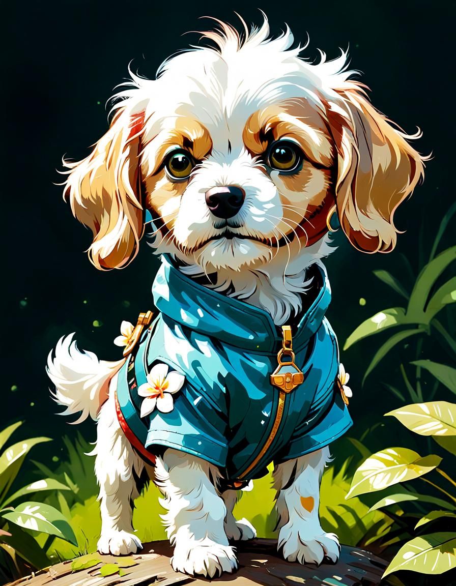 Cavachon Wears Elegant Frangipani Costume in Digital Paintin...