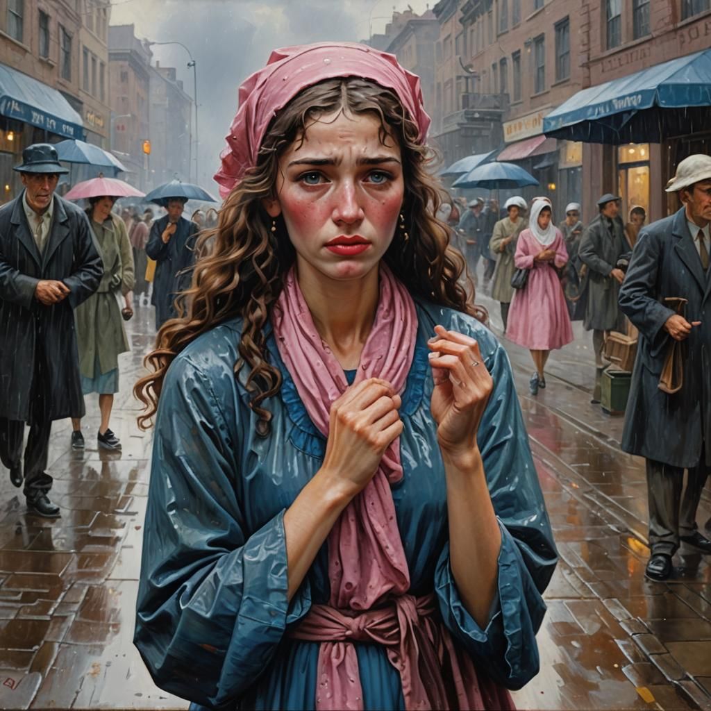 Woman Crying in the Rain, Realist Oil Painting