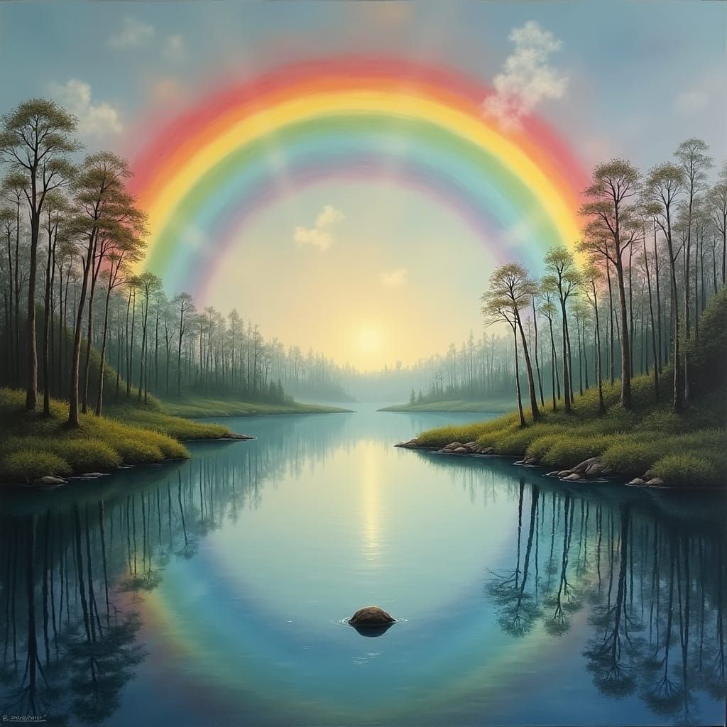Rainbow over Serene Lake in Impressionistic Style