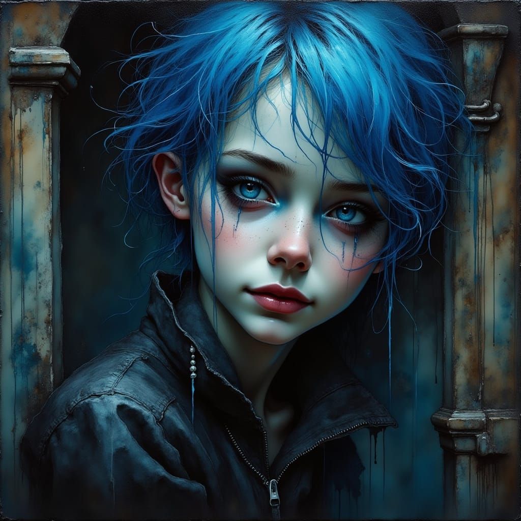 Gothic Boy with Blue Hair and Tongue Piercing