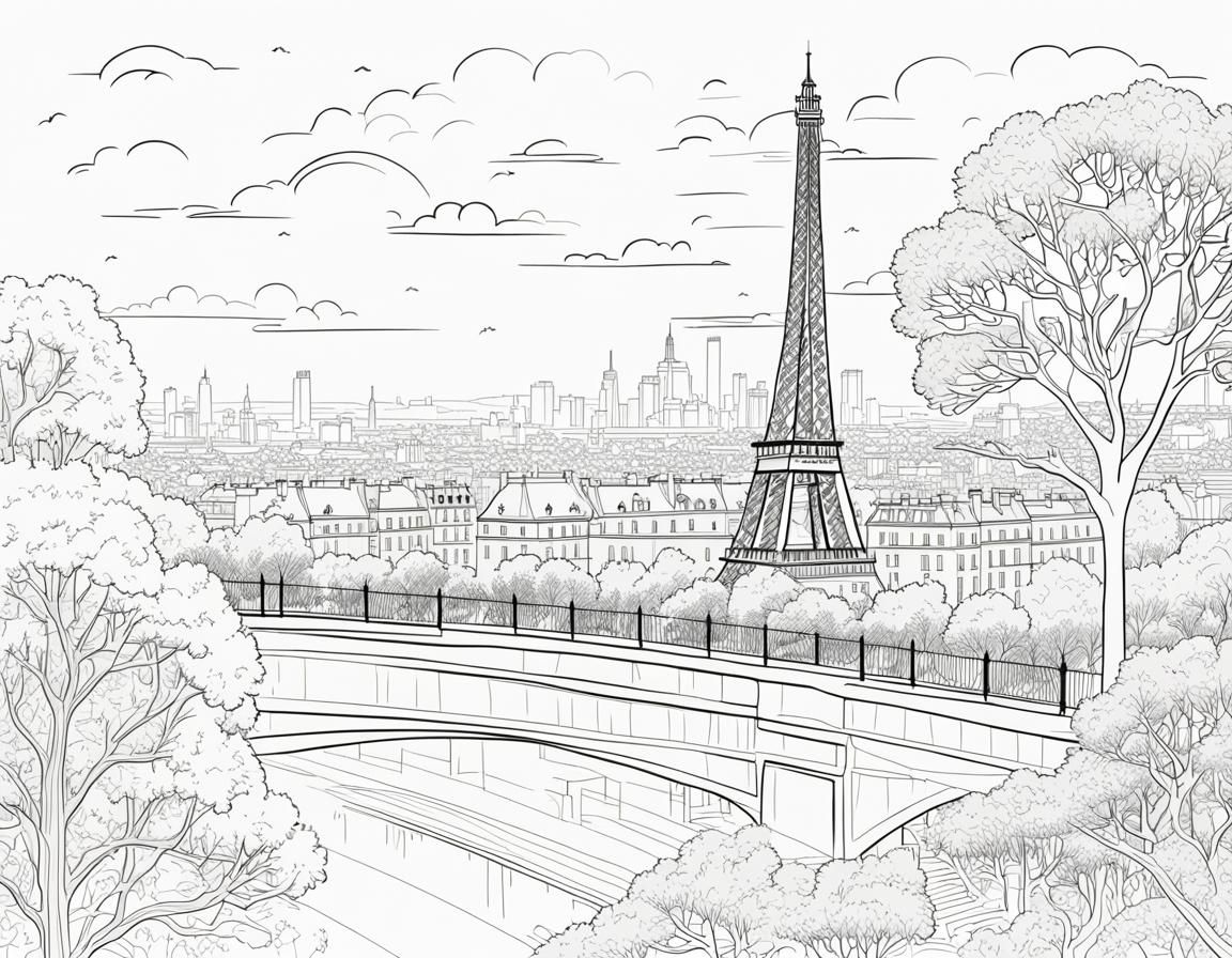 Parisian Eiffel Tower Line Art Amidst Trees and Skyline in B...