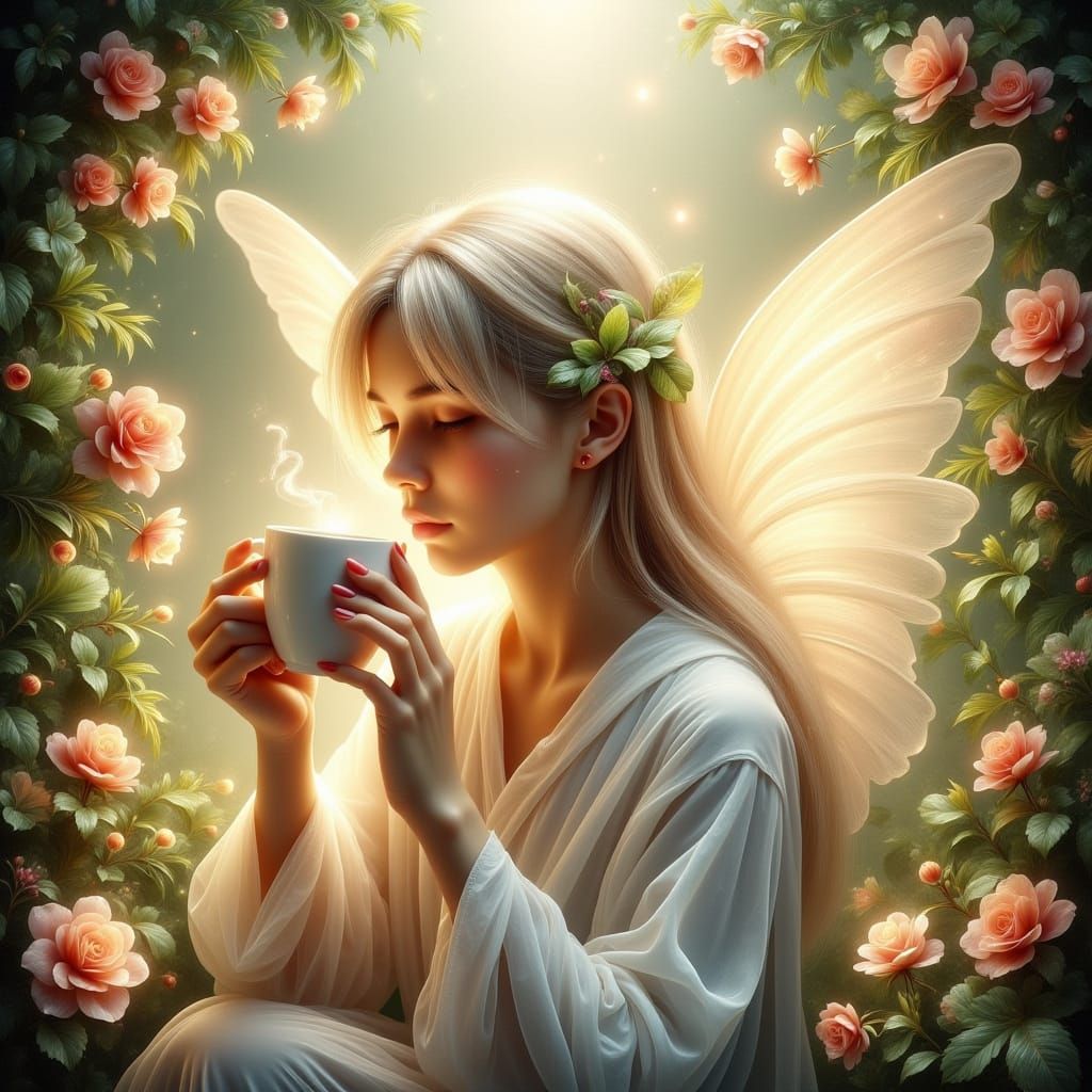 Angel in Morning Coffee Scene, Watercolor Dream Art