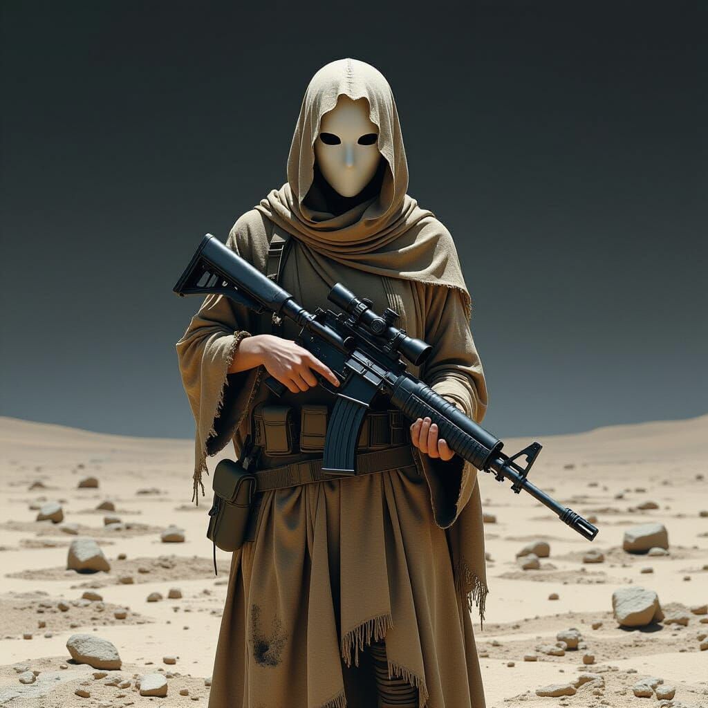 Figure with AK47 in Surreal, Dark Landscape