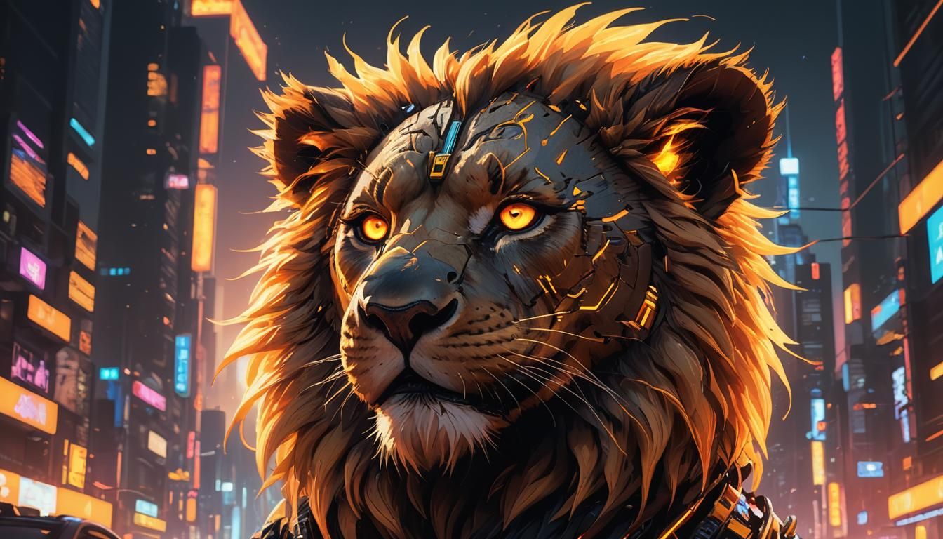 Cyberpunk Lion Portrait with Neon Cityscape Reflection