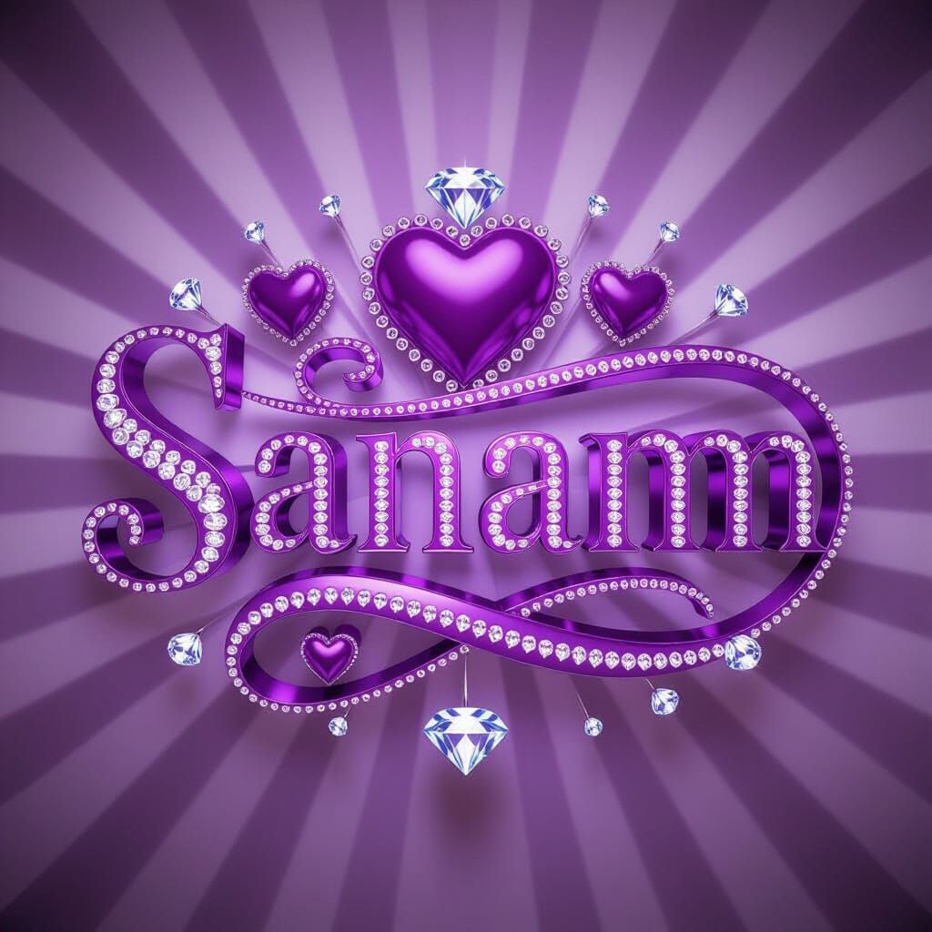 Luxurious 3D Typography of 'Sanam' with Hearts and Diamonds