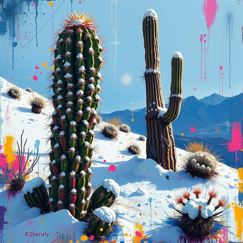 Vibrant Desert Cactus in a Snowy Urban Landscape