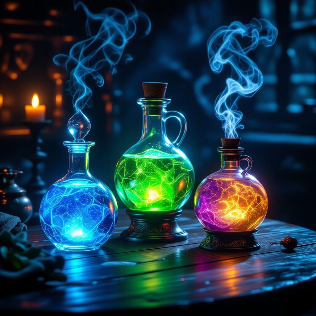 Magical Potions Glow on Dark Table in Cinematic Light
