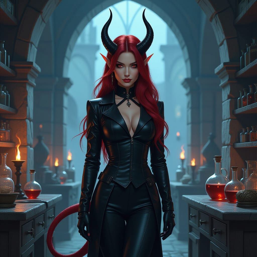 Tiefling Alchemist in Shadowy Lab, East Asian Beauty